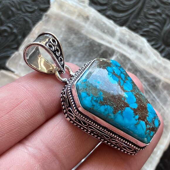 Blue Magnesite Turquoise Coffin Crystal Stone Jewelry Pendant - Picture 5 of 6